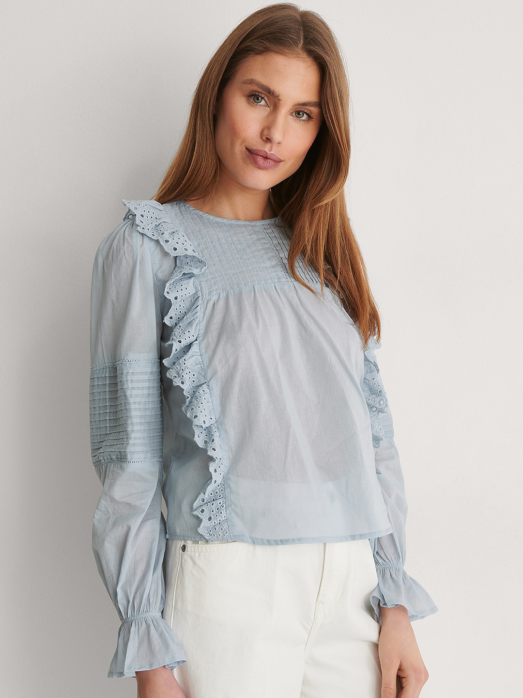 

NA-KD Blue Solid Ruffled Pure Cotton Top