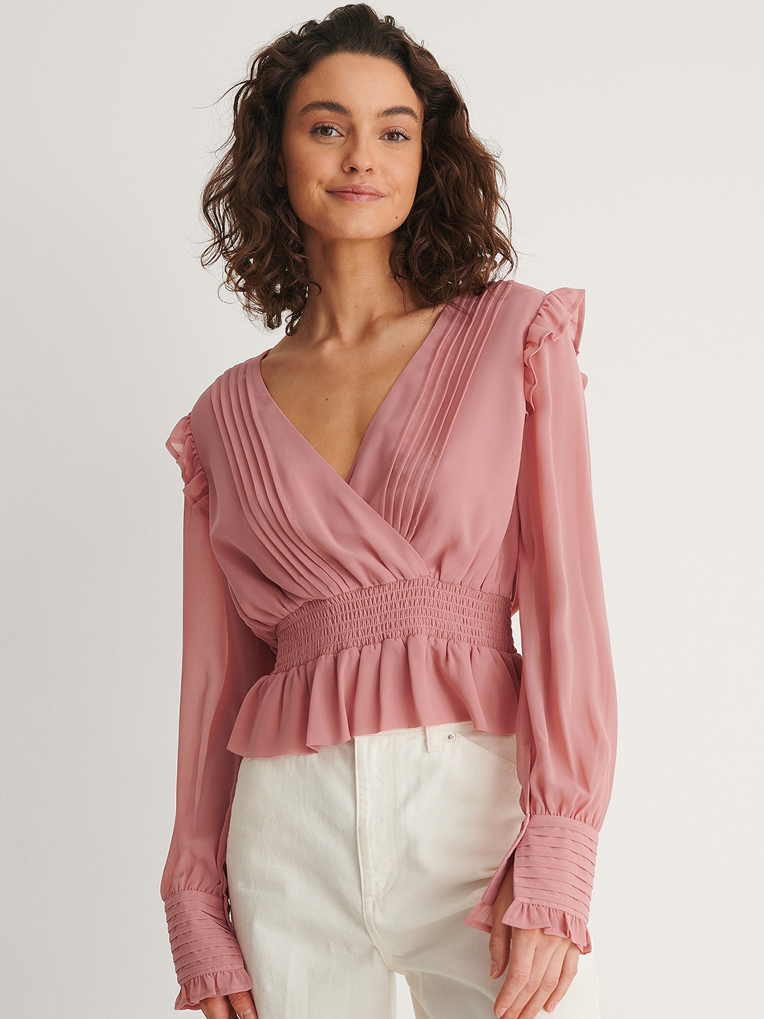 

NA-KD Dusty Pink Pleated Smocked Wrap Top, Rose
