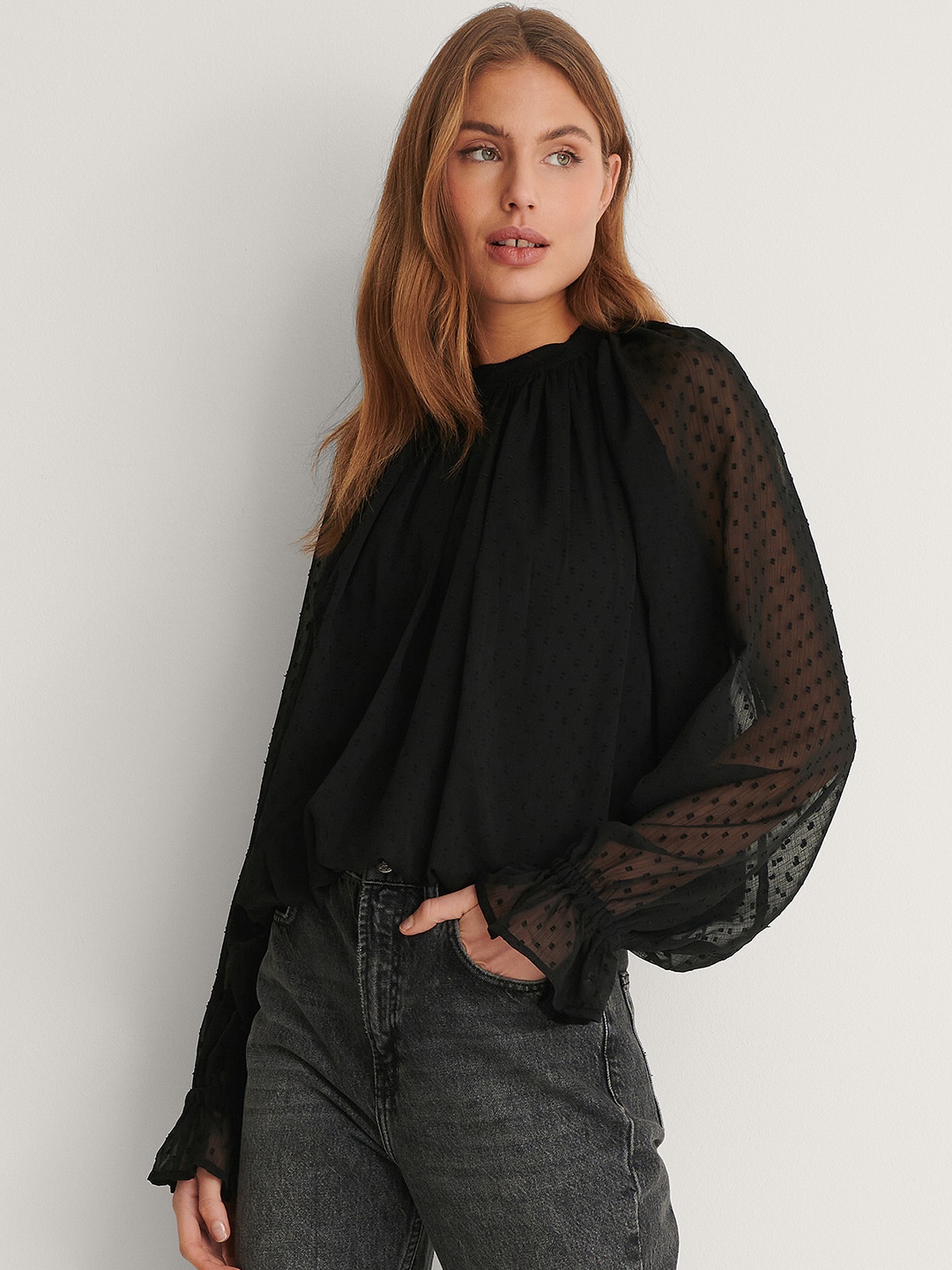 

NA-KD Black Dobby Weave Semi-Sheer Top