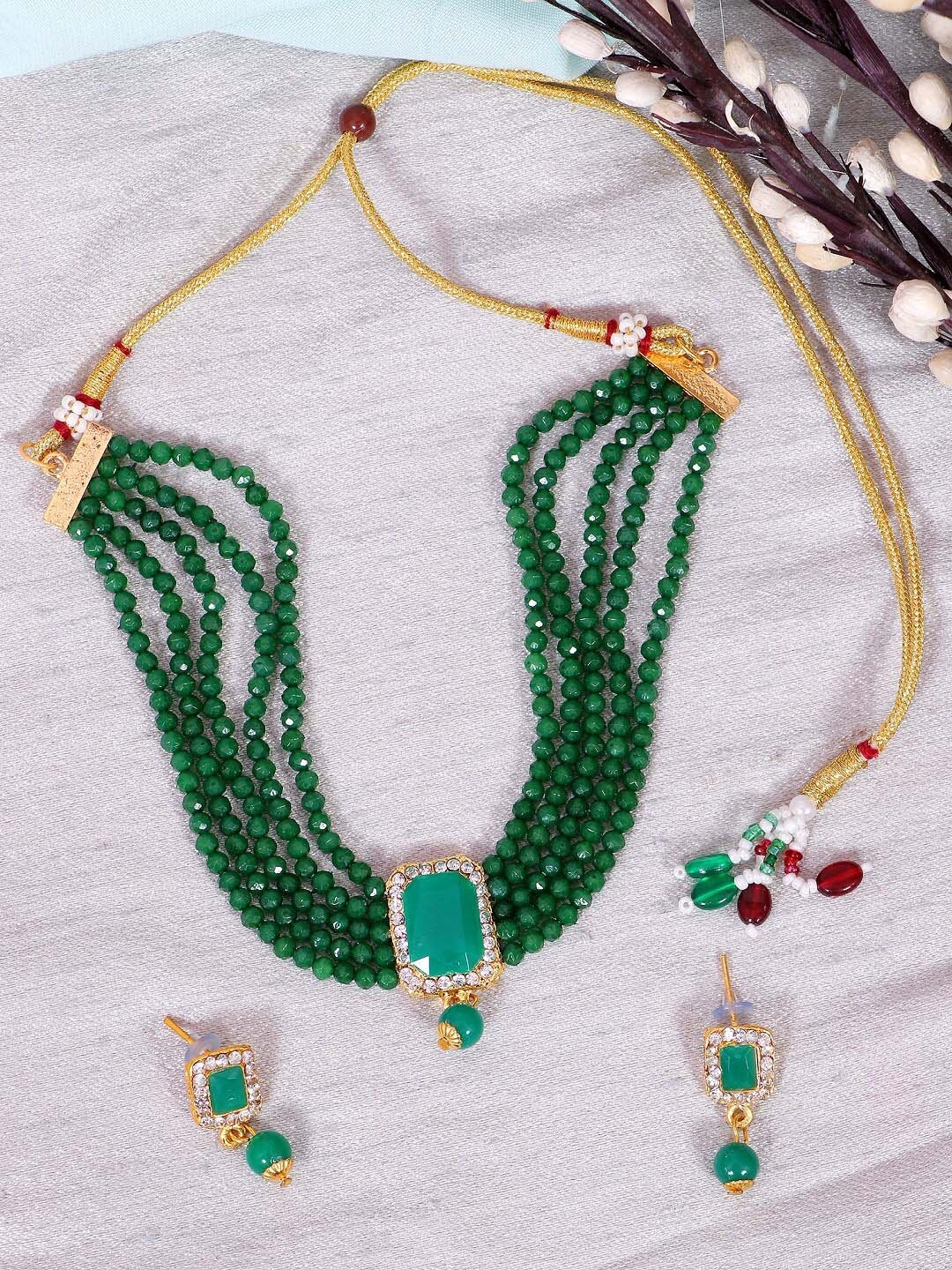 

Crunchy Fashion Gold-Plated Green & White Stone Studded Enameled Jewellery Set