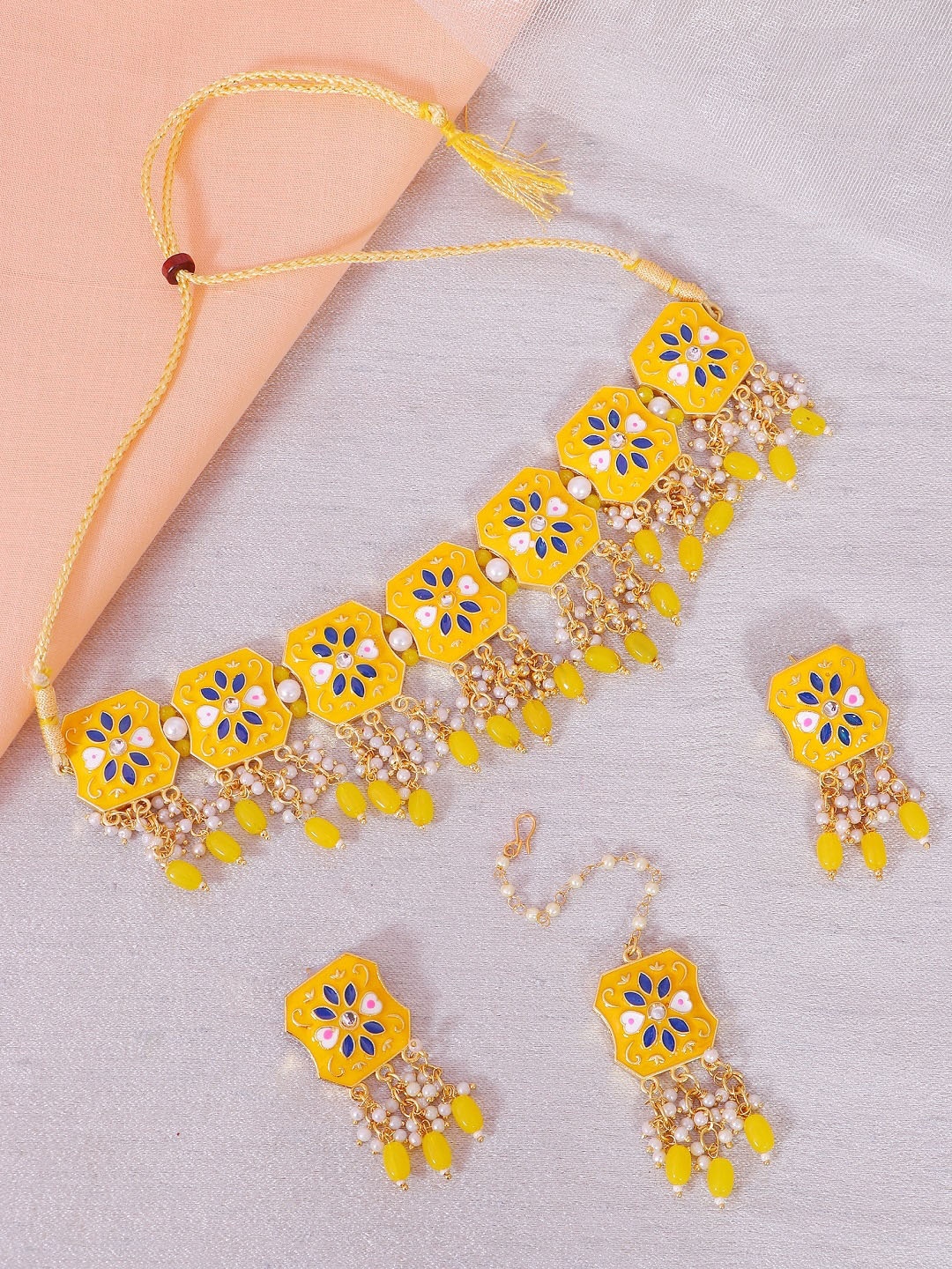 

Crunchy Fashion Gold-Plated Yellow Meenakari & Pearl Beaded Choker Jewellery Set