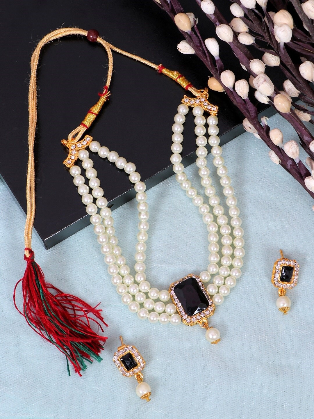 

Crunchy Fashion Gold-Plated Black Stone-Studded & Pearl Beaded Choker Jewellery Set