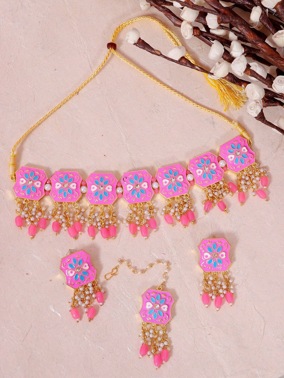 

Crunchy Fashion Gold-Plated Pink-Coloured Meenakari Jewellery Set