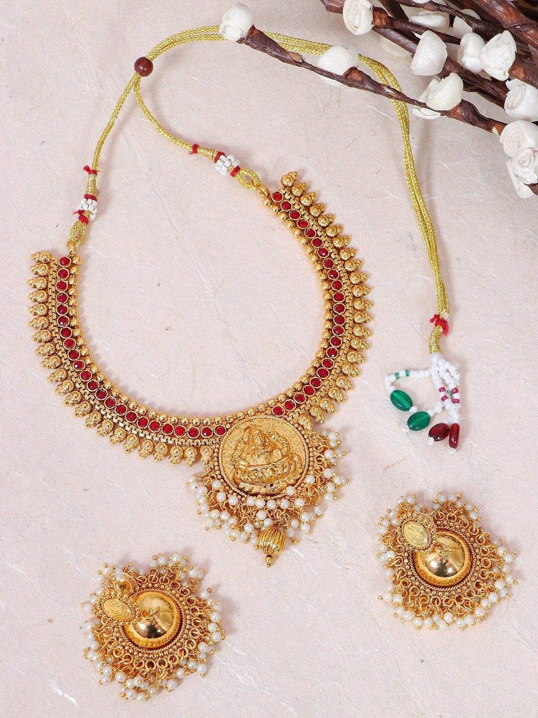 

Crunchy Fashion Gold-Plated Kundan Studded Temple Jewellery Set