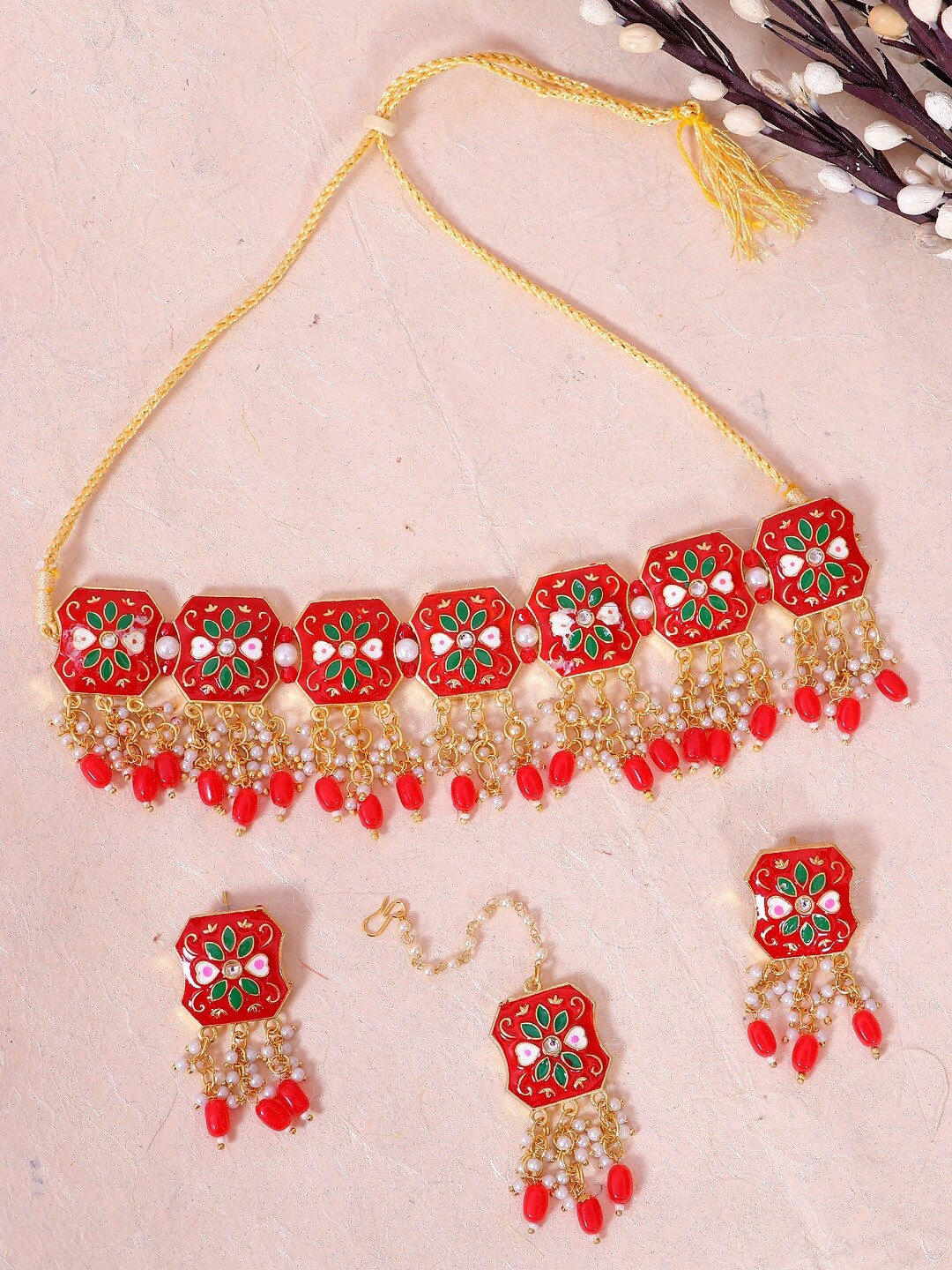 

Crunchy Fashion Gold-Plated Red Meenakari Choker Jewellery Set