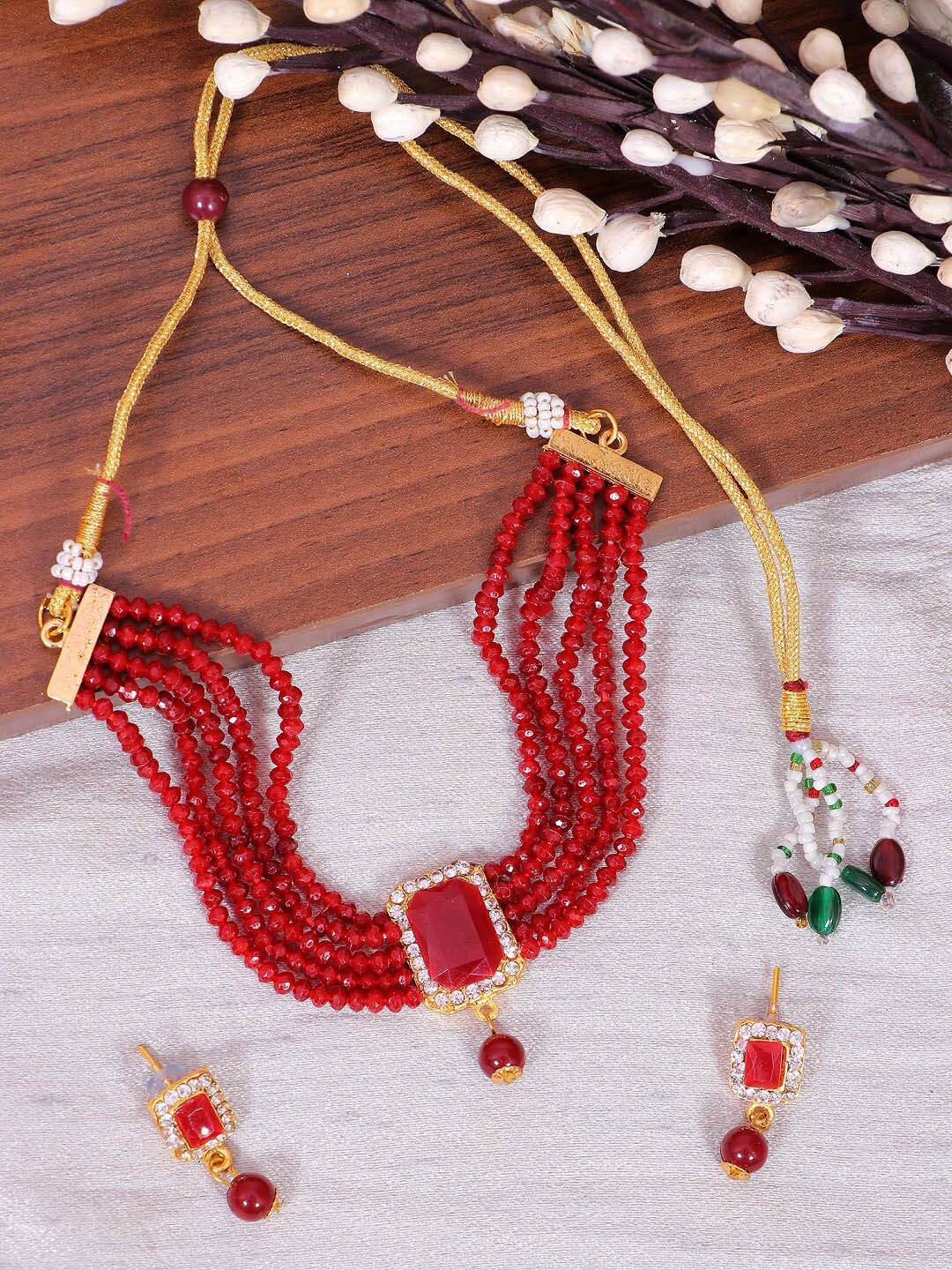 

Crunchy Fashion Gold-Plated White Stone Studded Red Pearl Beaded Jewellery Set