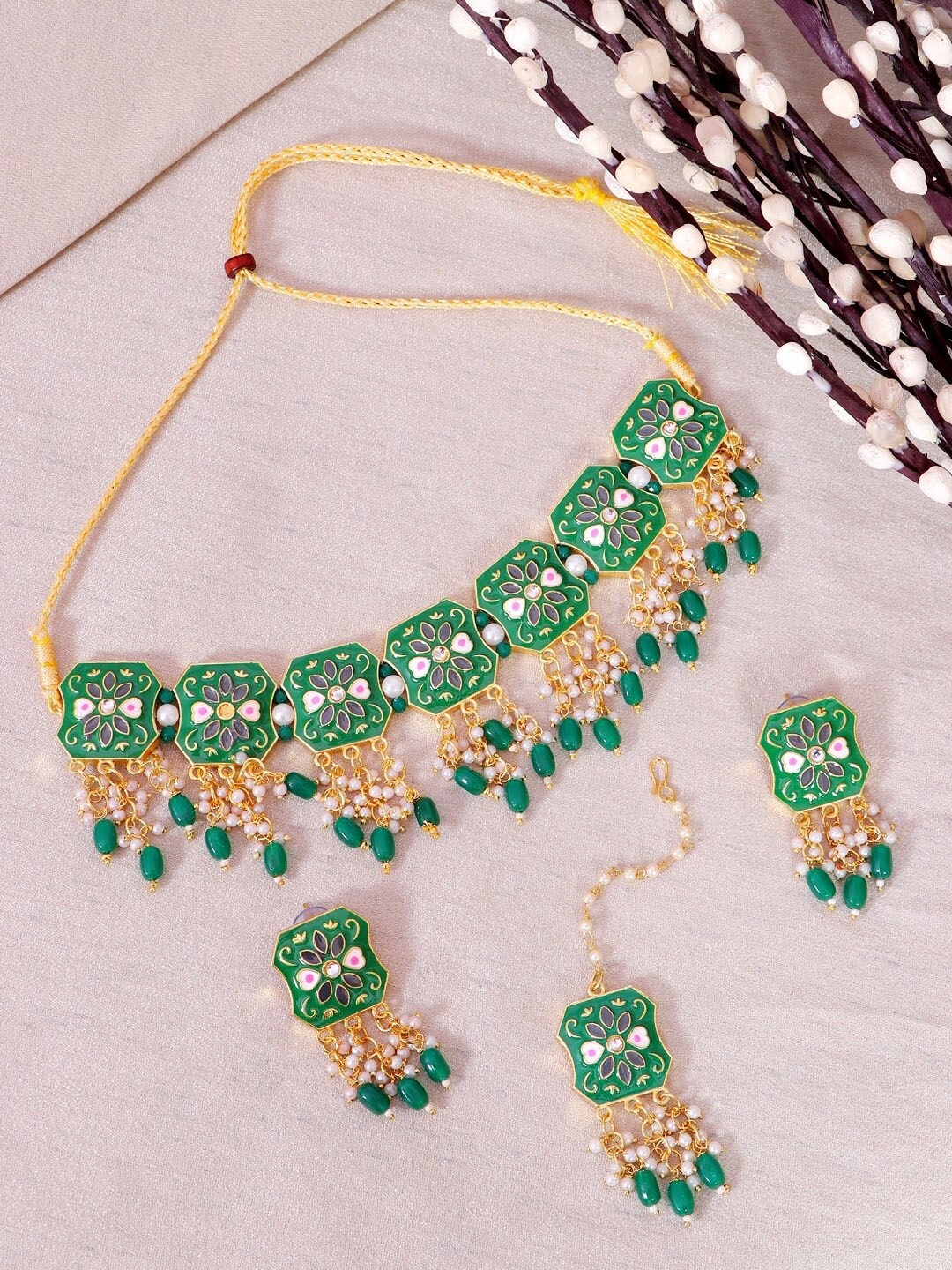 

Crunchy Fashion Gold-Plated Green Meenakari Choker Necklace Set
