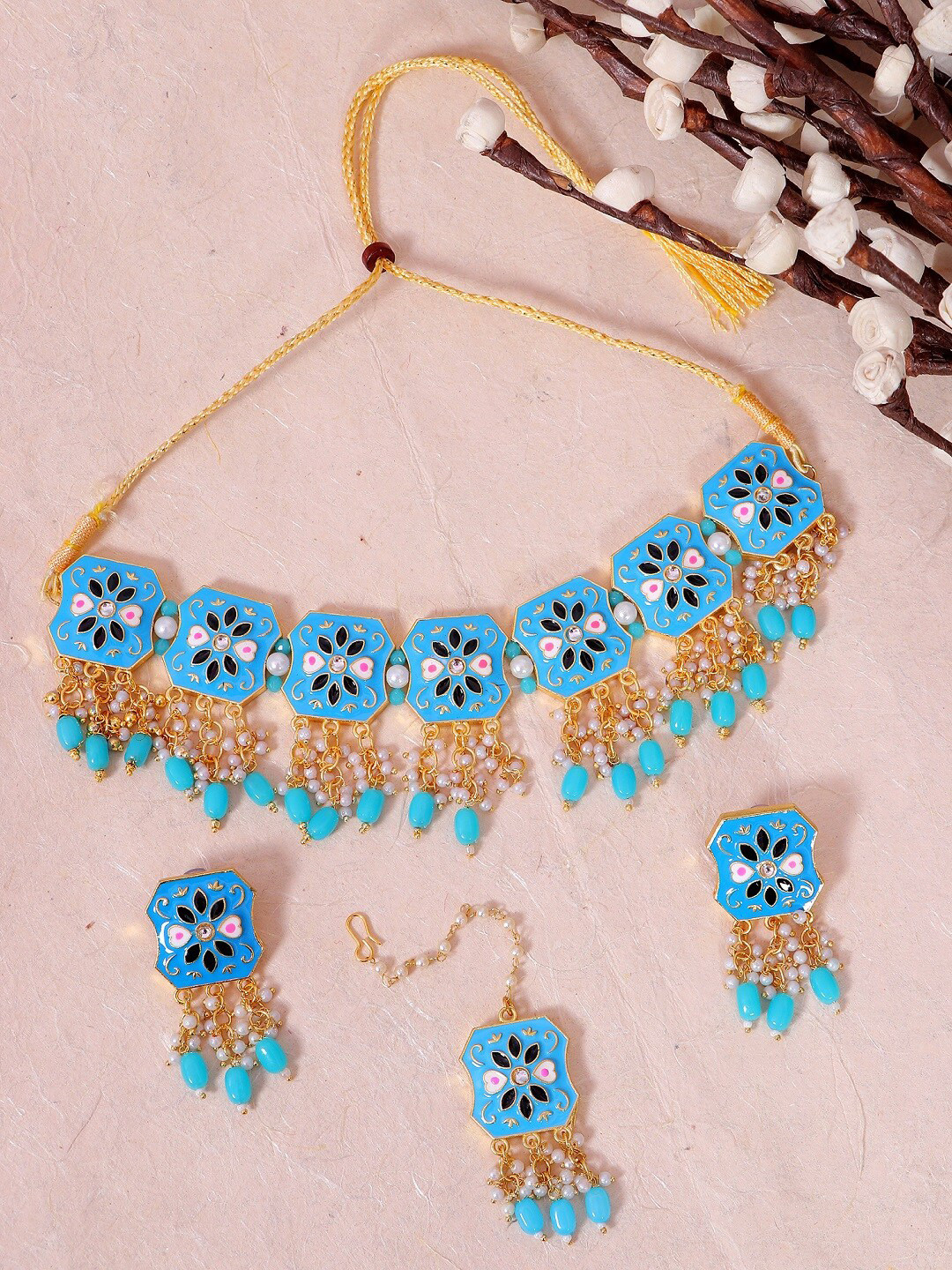 

Crunchy Fashion Gold-Plated Blue Meenakari & Pearl Beaded Choker Jewellery Set