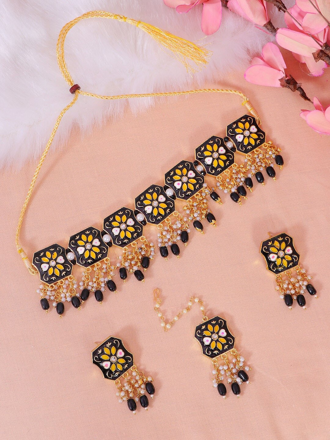 

Crunchy Fashion Gold-Plated Black Beaded Meenakari Rajwadi Choker Jewellery Set