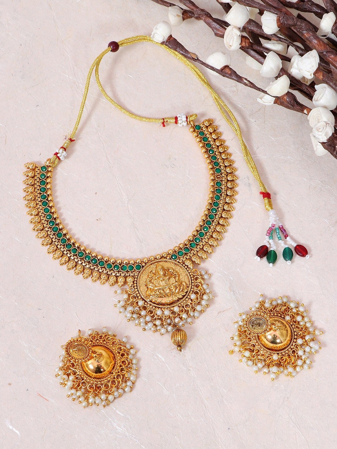 

Crunchy Fashion Gold-Plated Green Kundan-Studded Temple Jewellery Set