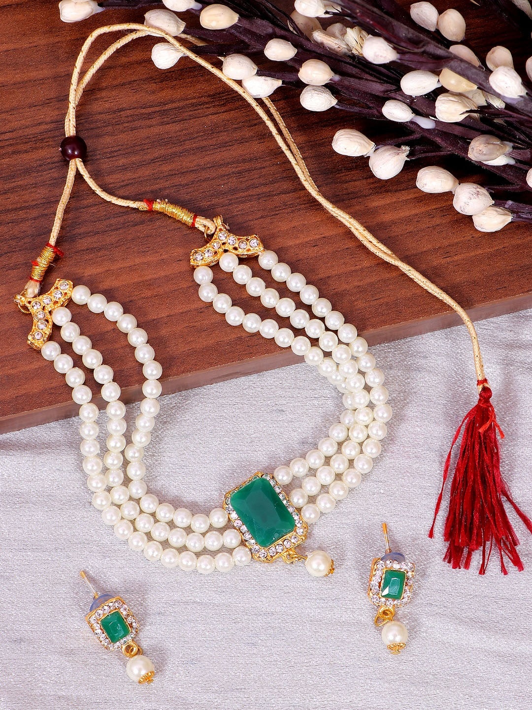 

Crunchy Fashion Gold-Plated Green-Coloured Pearl Studded Choker Necklace Set