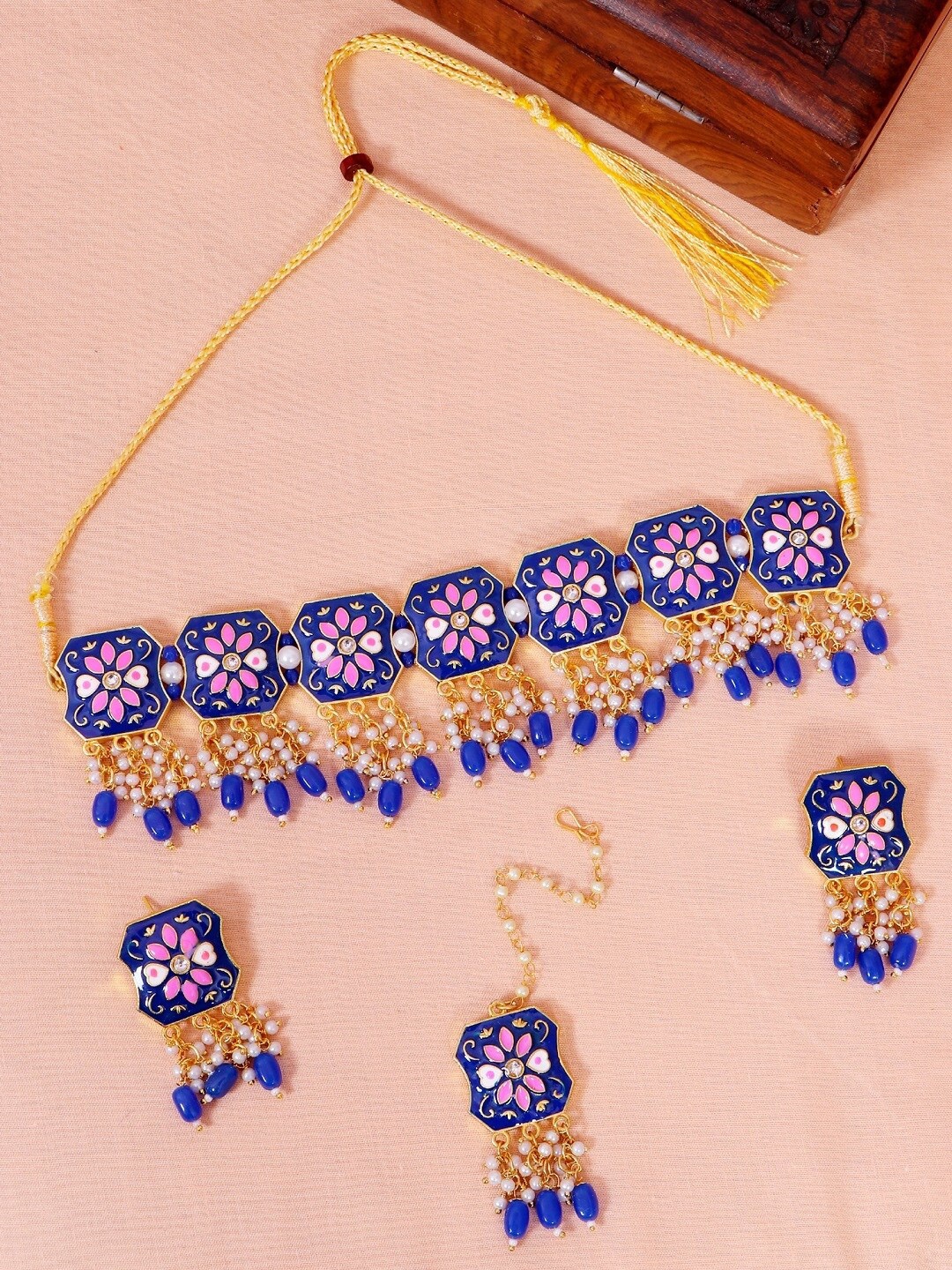 

Crunchy Fashion Gold-Plated Royal Blue Meenakari Rajwadi Choker Jewellery Set