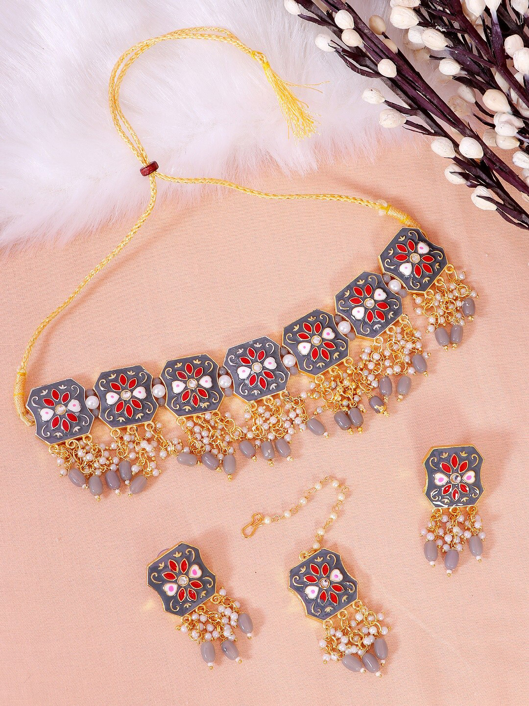

Crunchy Fashion Gold-Plated Grey & White Stone-Studded Meenakari Jewellery Set