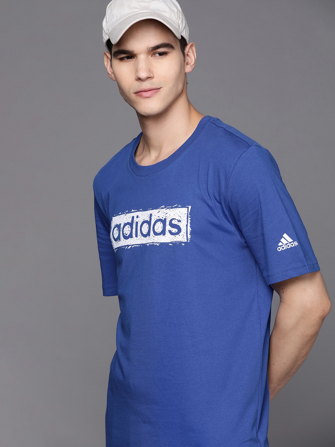 

ADIDAS Men Blue Sketch Linear Graphic Brand Logo Printed Pure Cotton T-shirt