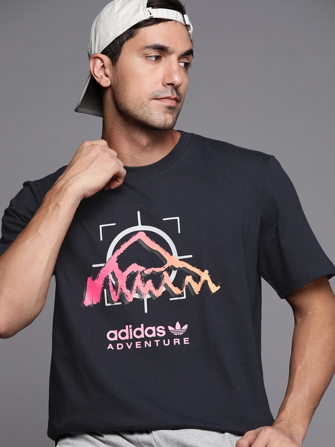 

ADIDAS Originals Men Navy Blue & Pink Printed Oversized ADIDAS ADVENTURE RIDE TEE T-shirt