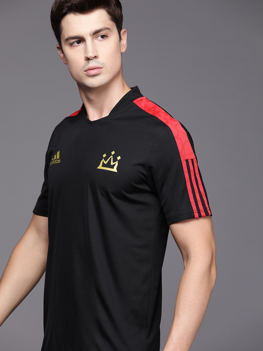 

ADIDAS Men Black Brand Logo Printed Mock Collar SALAH JERSEY T-shirt