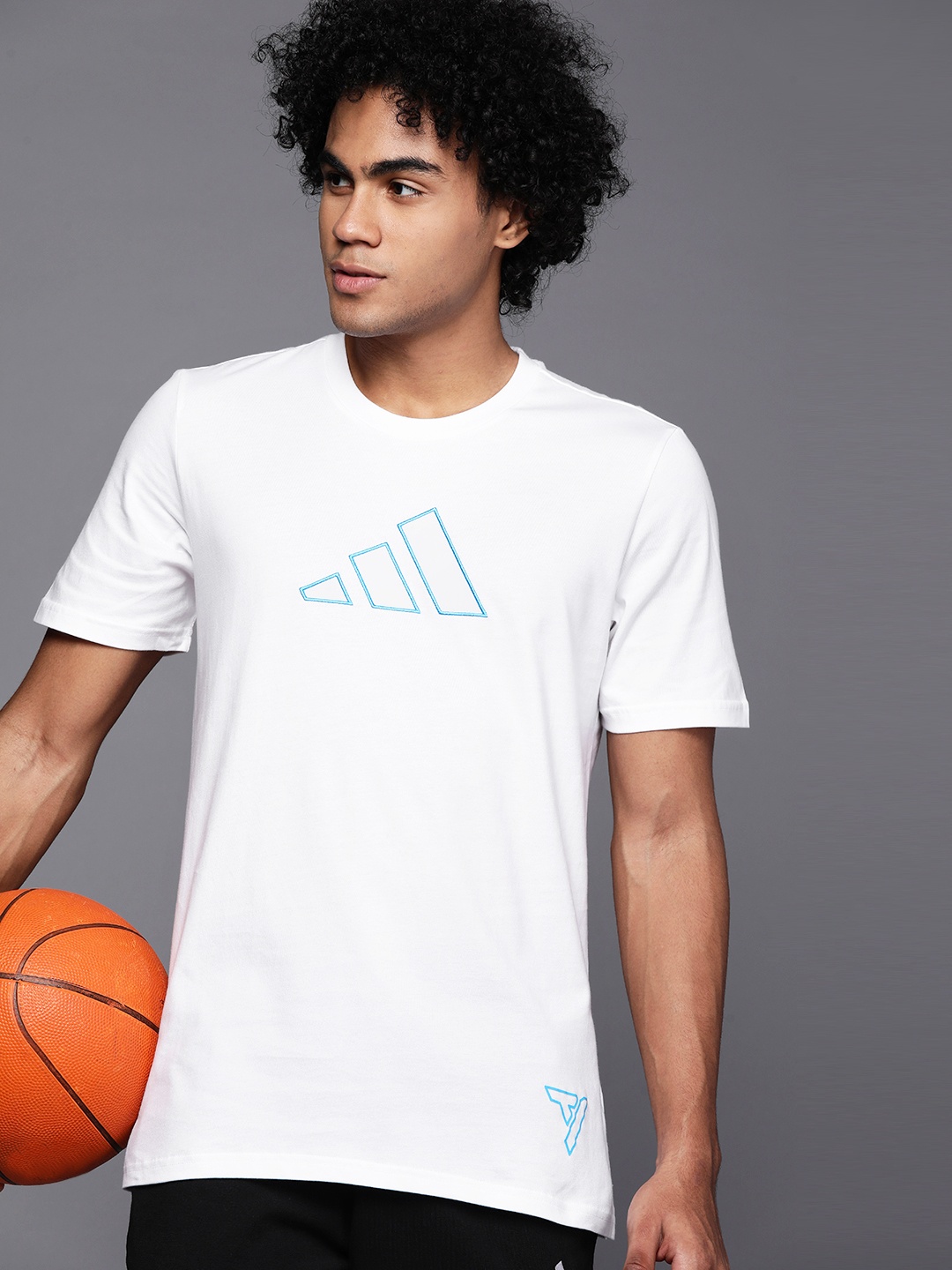 

ADIDAS Men White Basketball Brand Logo Printed Pure Cotton T-shirt