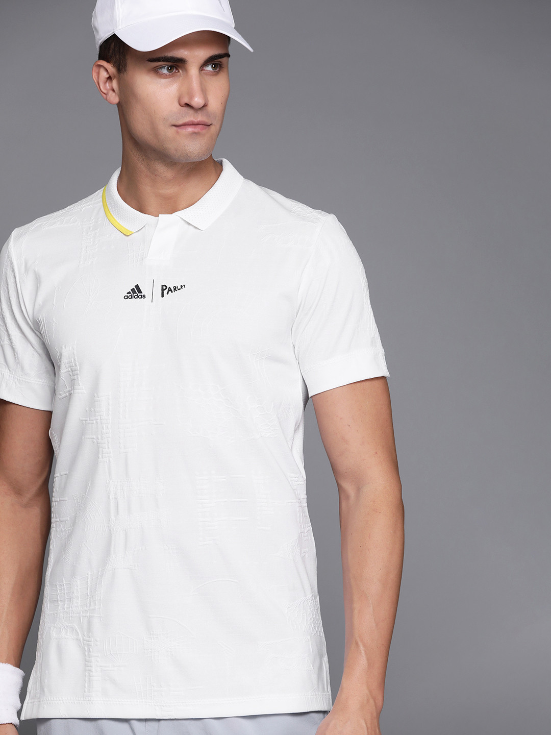 

ADIDAS Men White London Freelift Self Design Polo Collar Slim Fit T-shirt