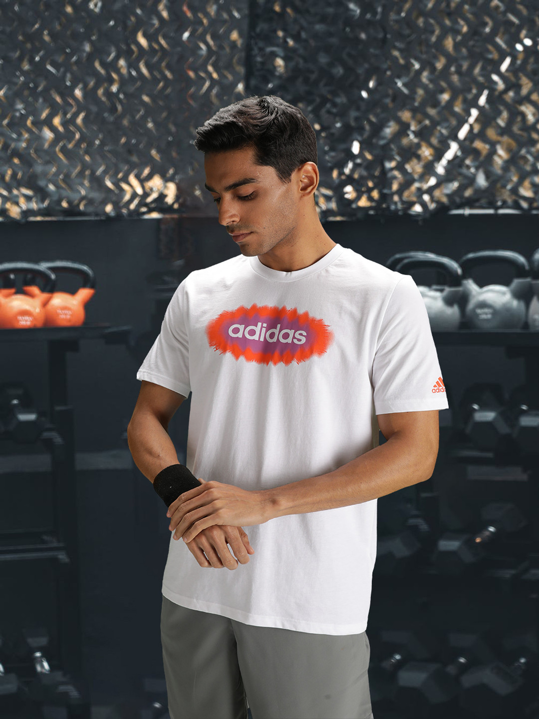 

ADIDAS Men White & Purple Pure Cotton Brand Logo Printed Sustainable T-shirt