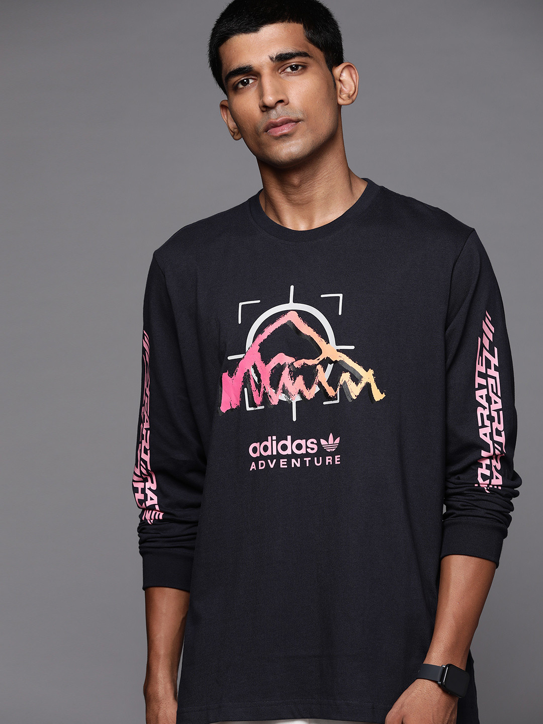

ADIDAS Originals Men Navy Blue & Pink NMD Adventure Ride Long Sleeve Printed Cotton T-shirt
