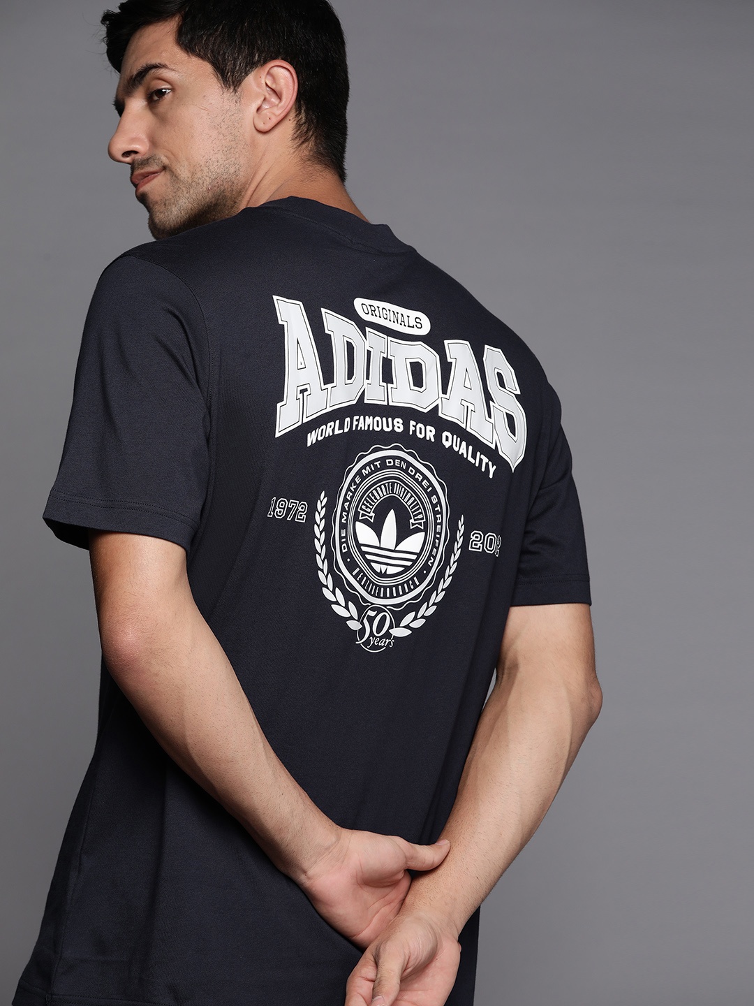 

ADIDAS Originals Men Navy Blue Brand Logo Printed Pure Cotton Loose T-shirt