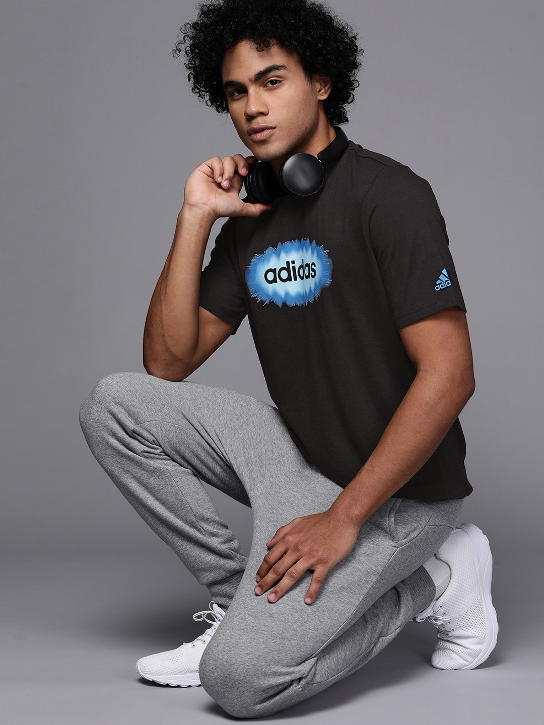 

ADIDAS Men Black & Blue Brand Logo Printed Pure Cotton T-shirt