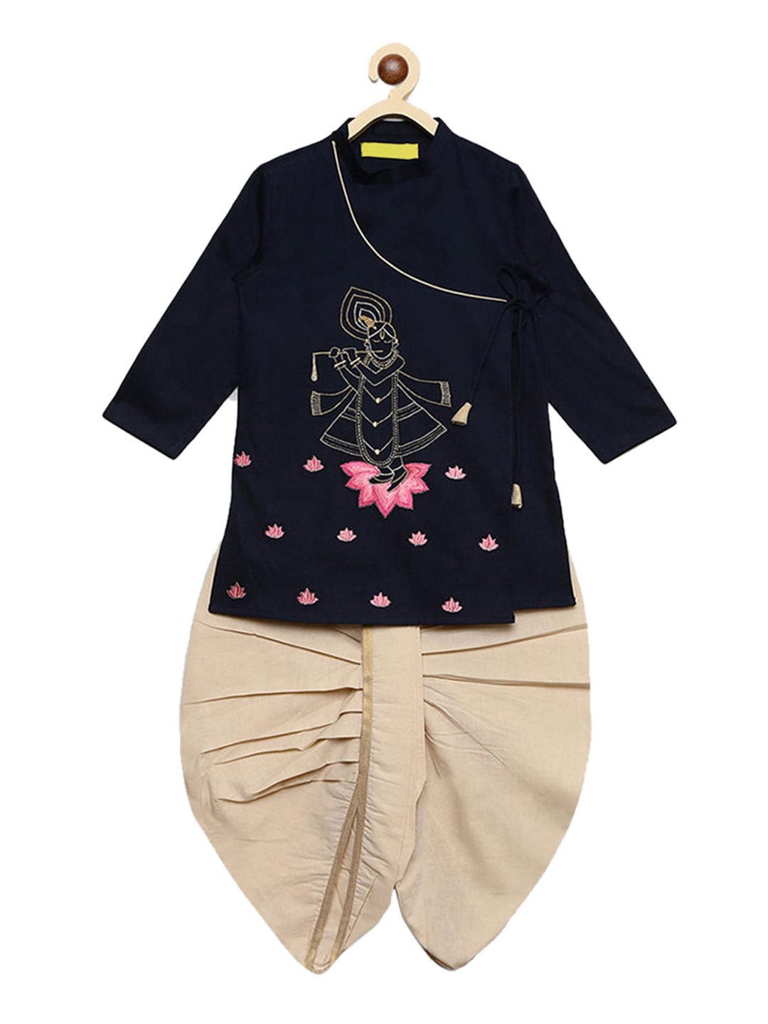 

Hopscotch Boys Blue Ethnic Motifs Embroidered Angrakha Pure Cotton Kurta with Dhoti Pants & With Dupatta