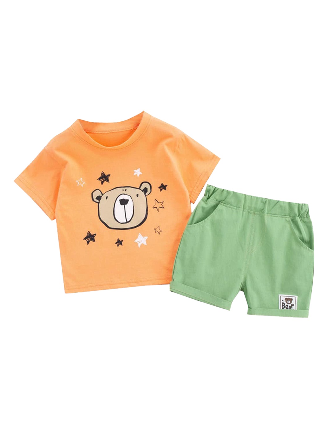 

Hopscotch Boys Orange & Green Printed Pure Cotton T-shirt with Shorts