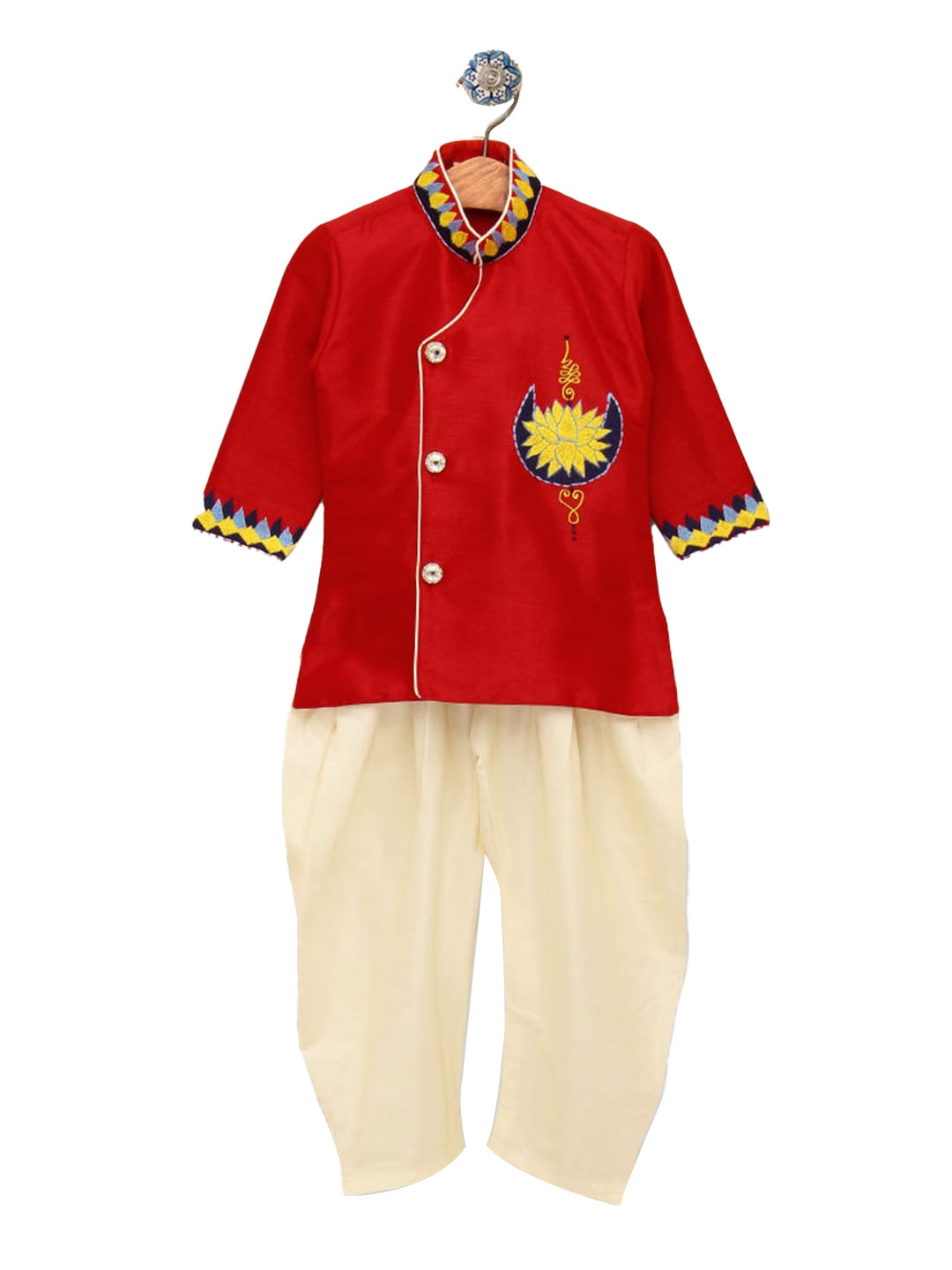 

Hopscotch Boys Red Tiered Pure Silk Kurti with Salwar