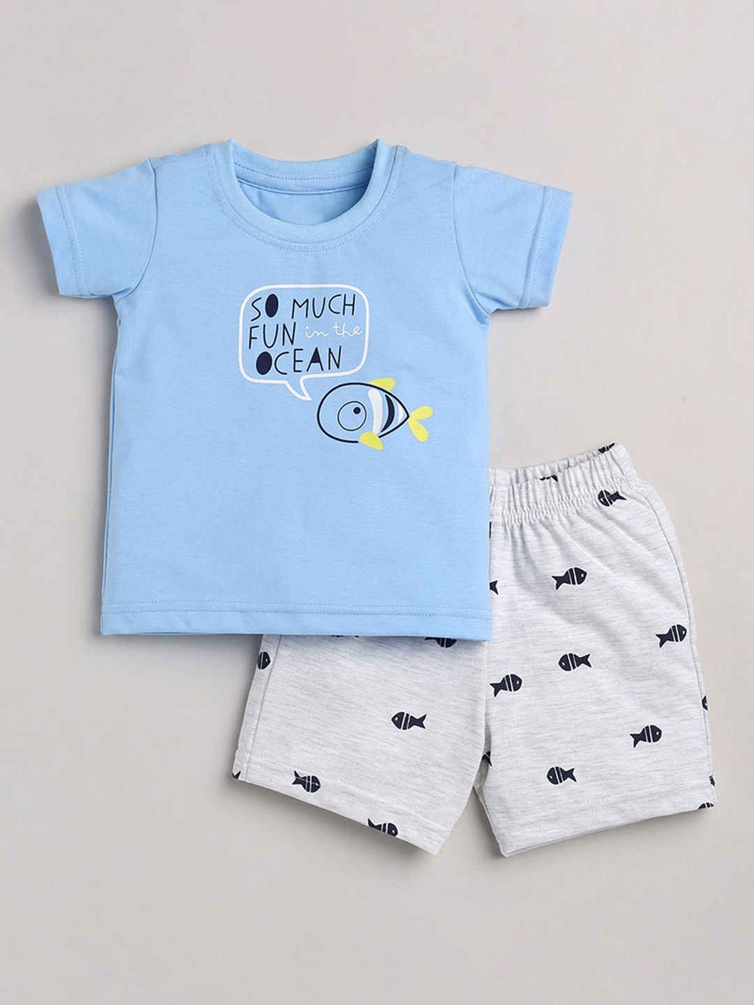 

Hopscotch Boys Blue & Grey Printed T-shirt with Shorts