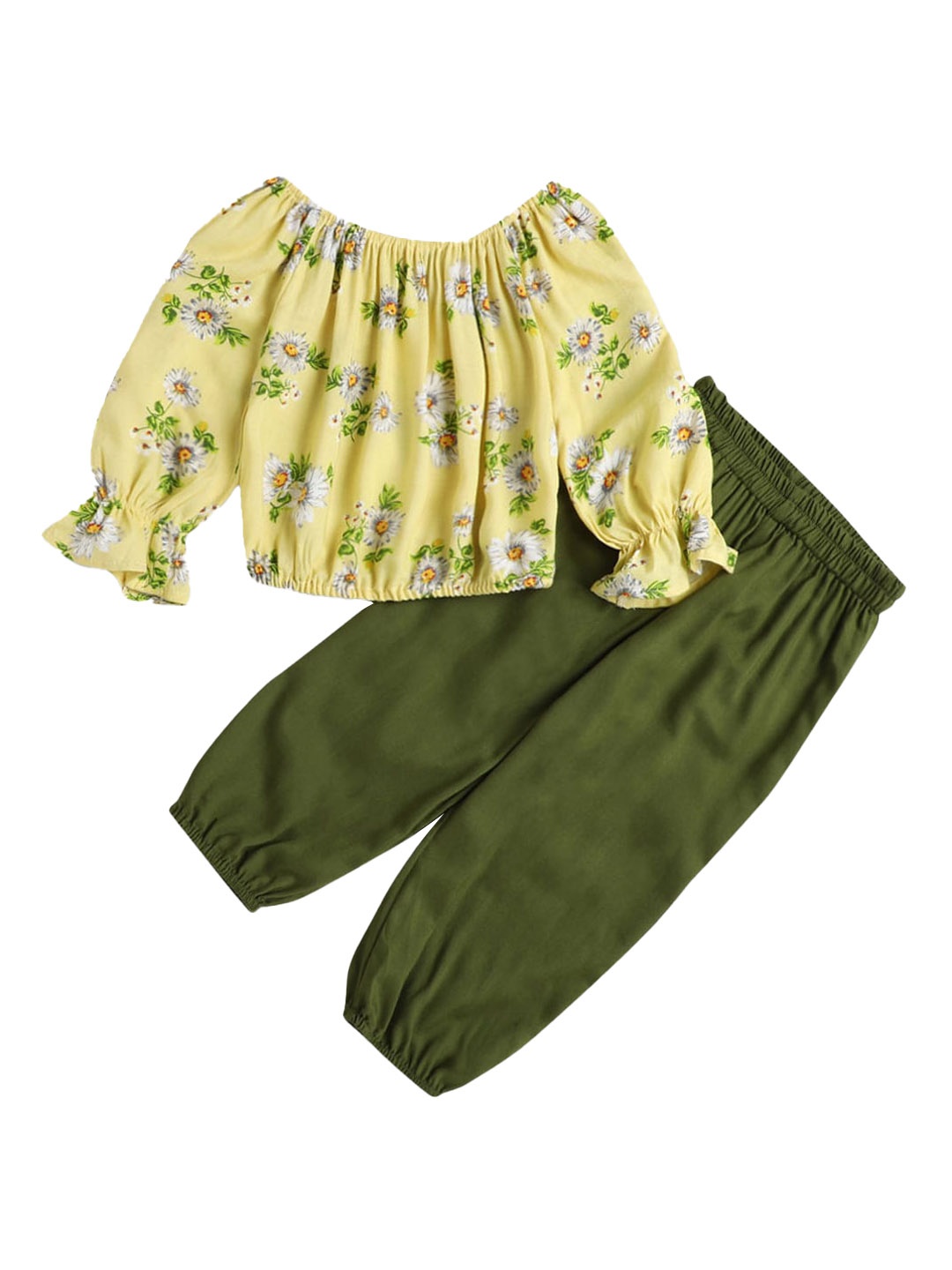 

Hopscotch Girls Yellow & Olive Green Printed Top with Trousers