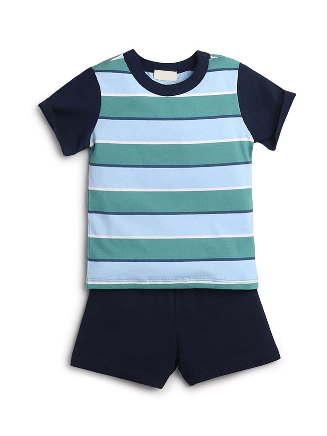 

Hopscotch Boys Sea Green & Navy Blue Striped Pure Cotton T-shirt with Shorts