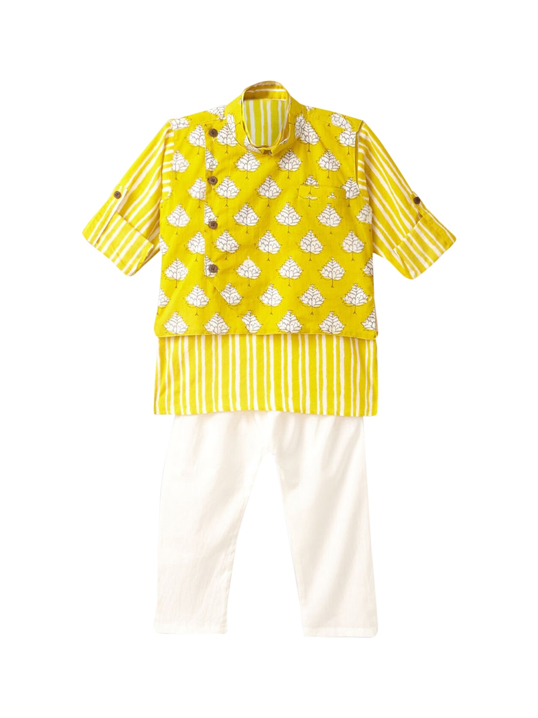 

Hopscotch Boys Yellow Striped Pure Cotton Kurta with Salwar