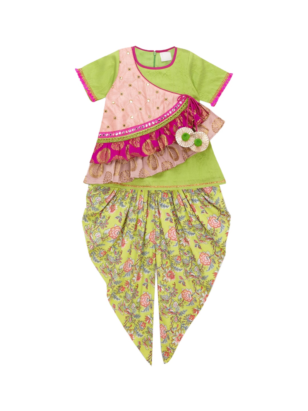 

Hopscotch Girls Green Ethnic Motifs Embroidered Empire Pure Cotton Kurti with Dhoti Pants & With Dupatta