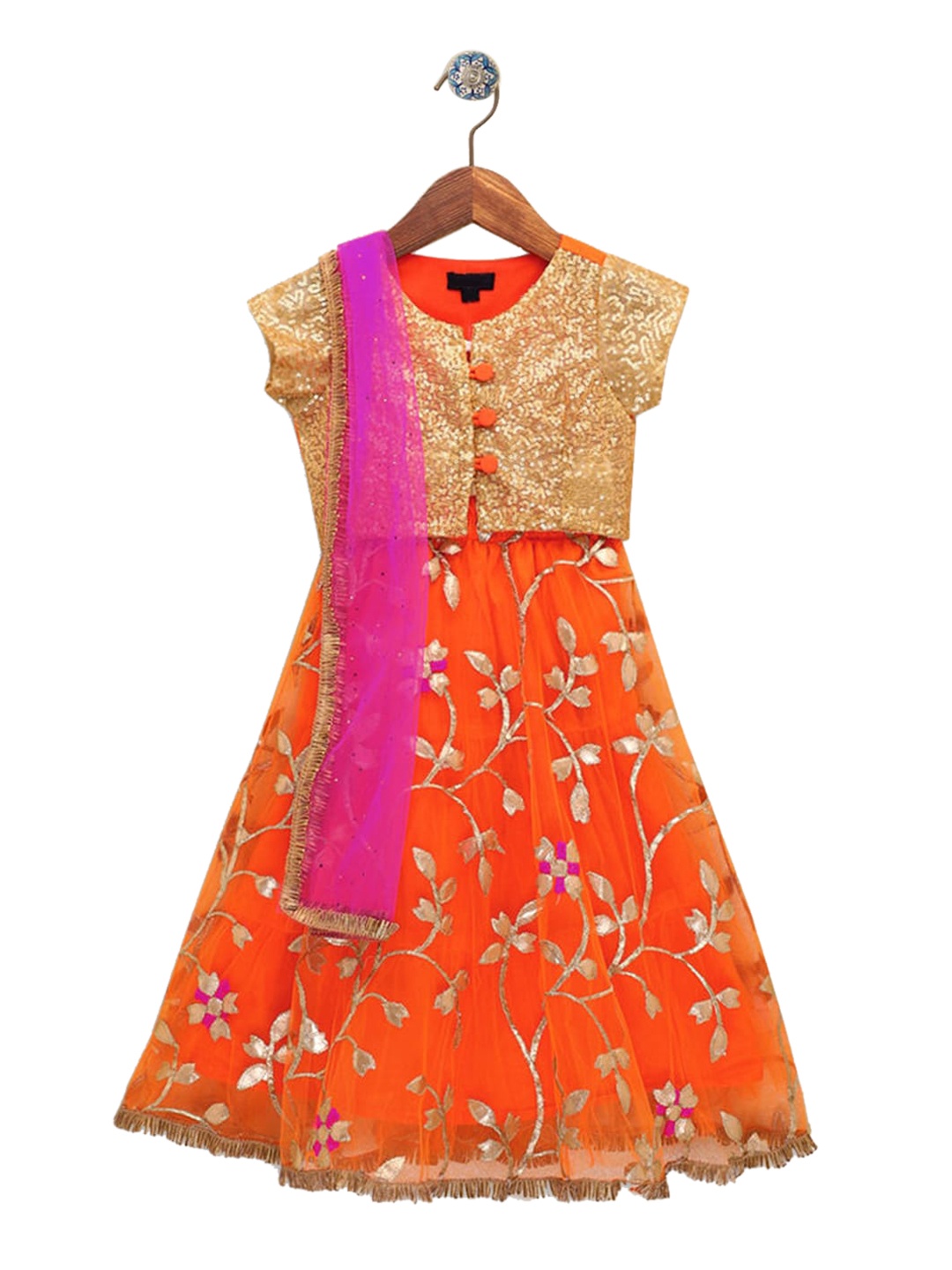 

Hopscotch Girls Orange Embroidered Panelled Kurti with Skirt & With Dupatta