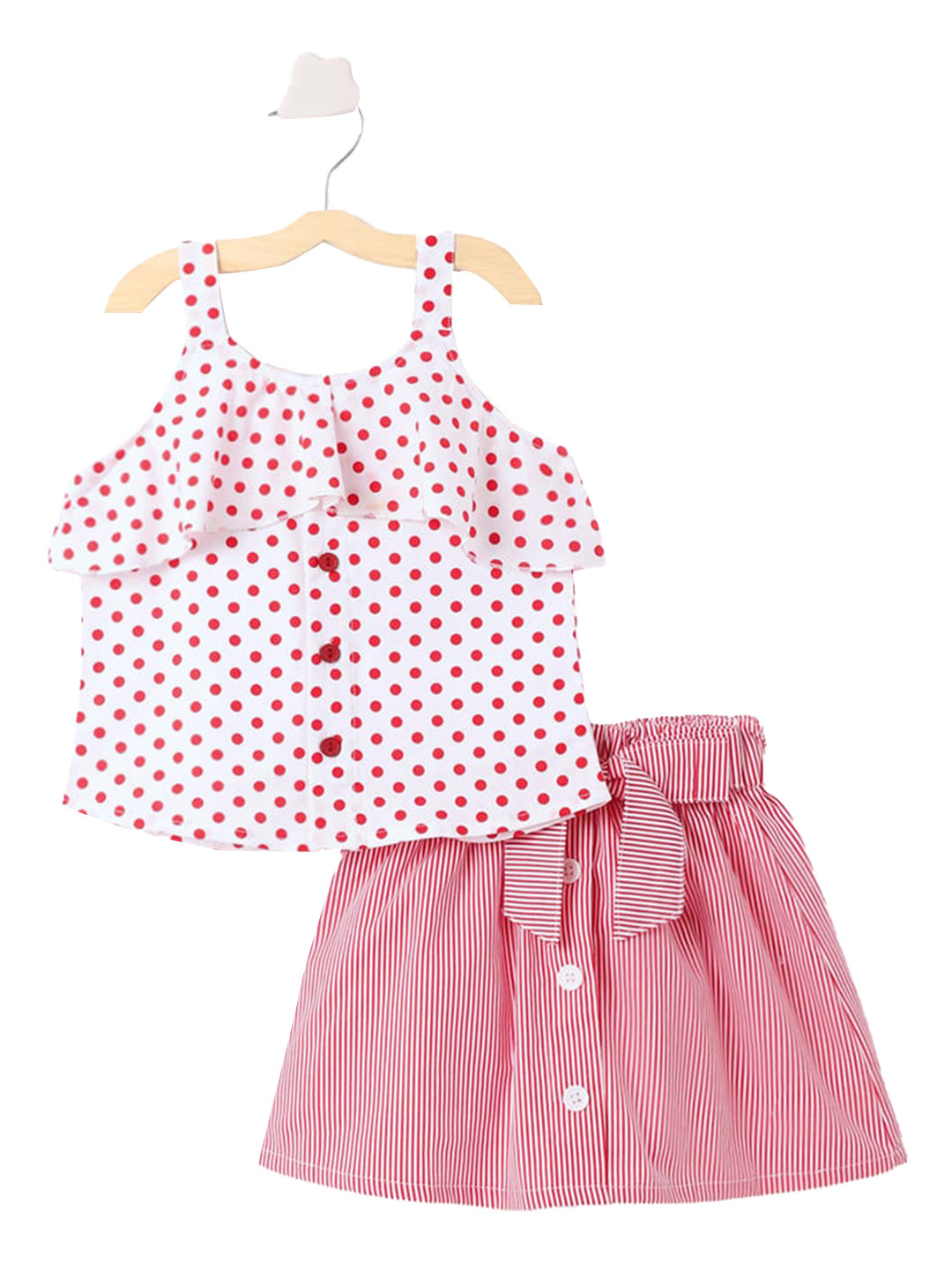 

Hopscotch Girls White & Red Polka Dots Printed Pure Cotton Top with Skirt