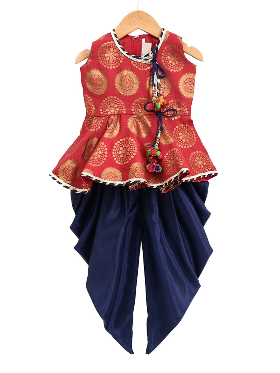 

Hopscotch Girls Yellow Embroidered Pleated Kurti with Dhoti Pants & With Dupatta