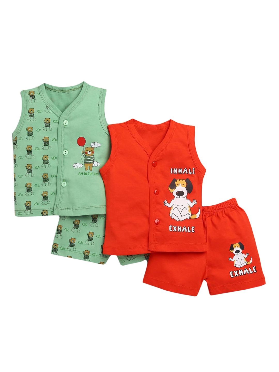 

Hopscotch Boys Green & Orange Set Of 2 Printed T-shirt with Shorts
