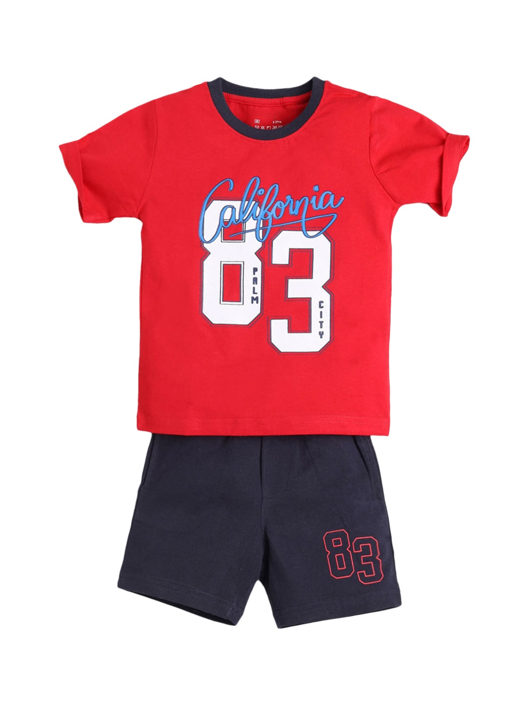 

Hopscotch Boys Red & Navy Blue Printed Pure Cotton T-shirt with Shorts