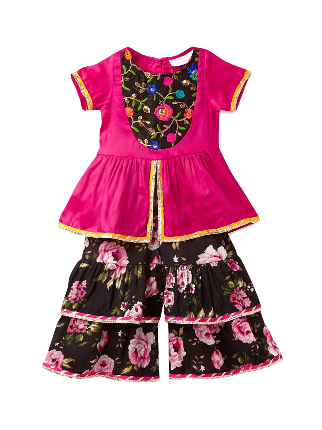 

Hopscotch Girls Pink Floral Pleated Pure Cotton Kurti with Sharara & With Dupatta
