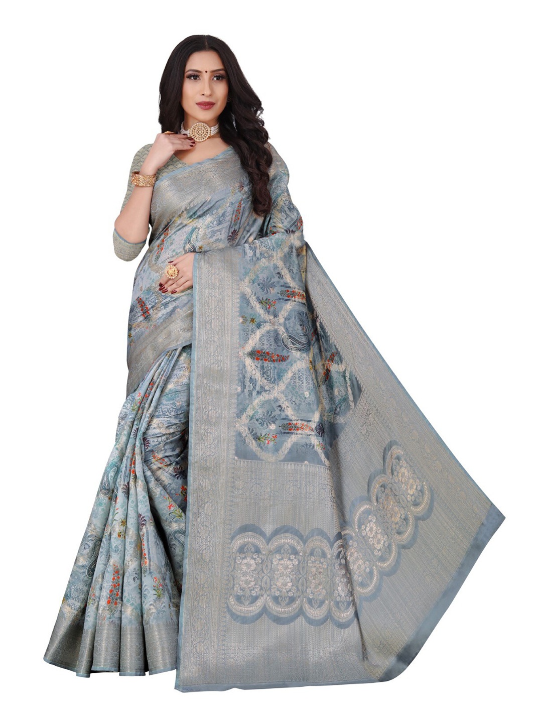 

ROOTS4 CREATION Grey & Red Floral Organza Saree