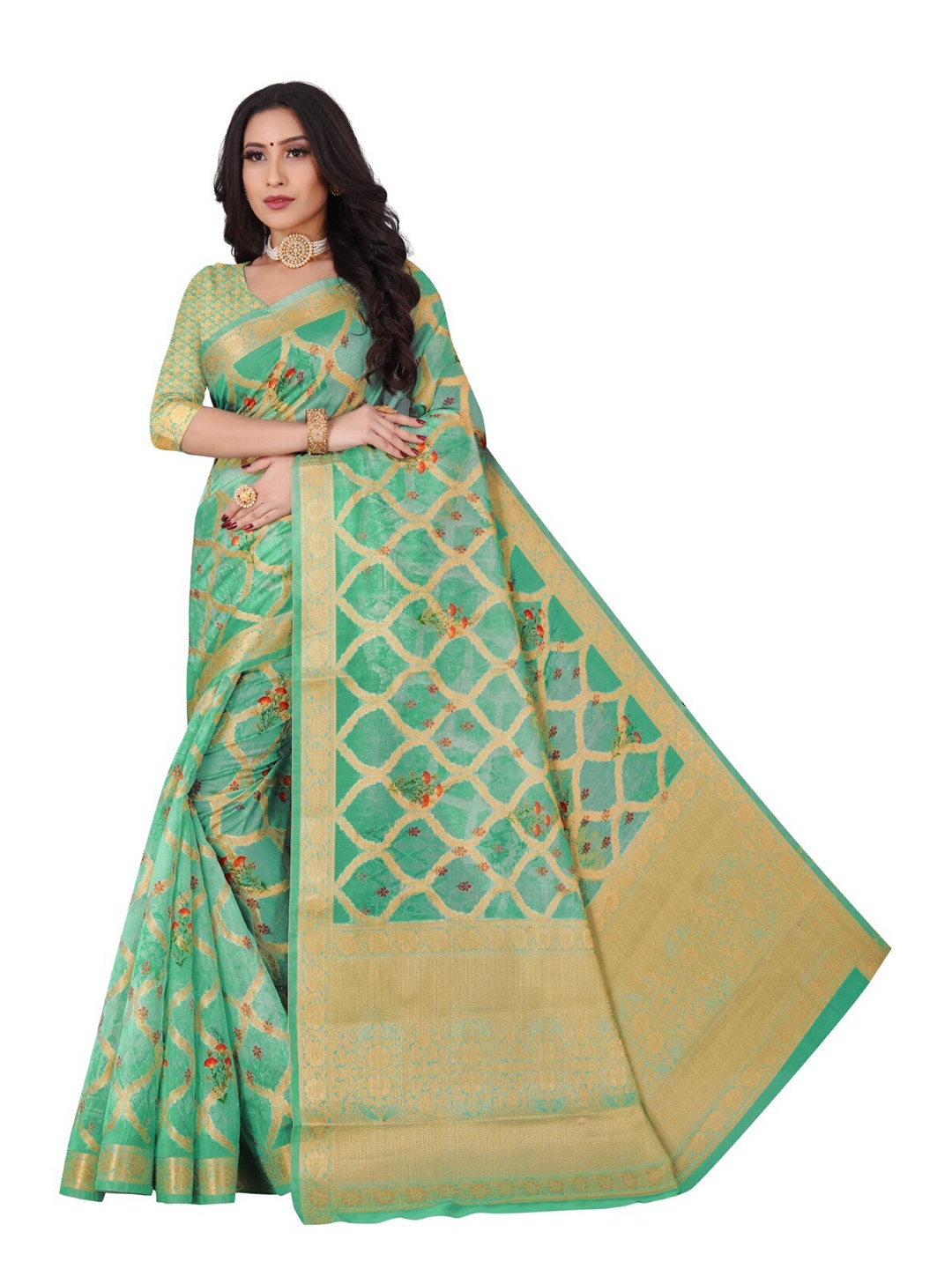 

ROOTS4 CREATION Green & Gold-Toned Ethnic Motifs Organza Saree