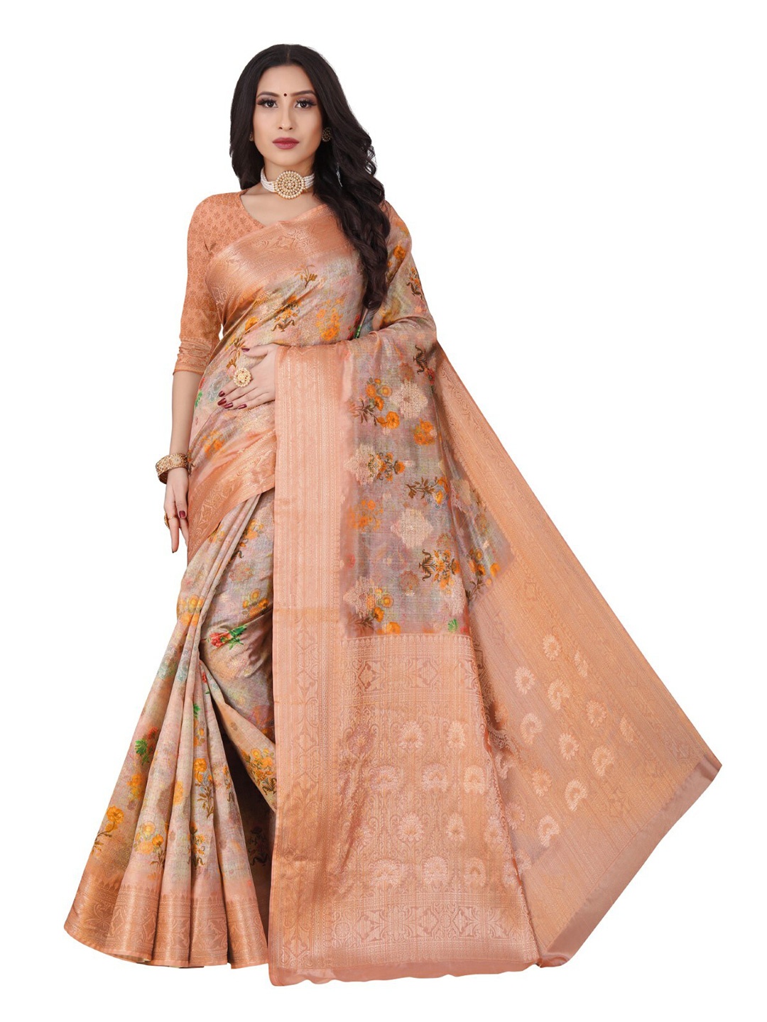 

ROOTS4 CREATION Orange Floral Zari Organza Saree