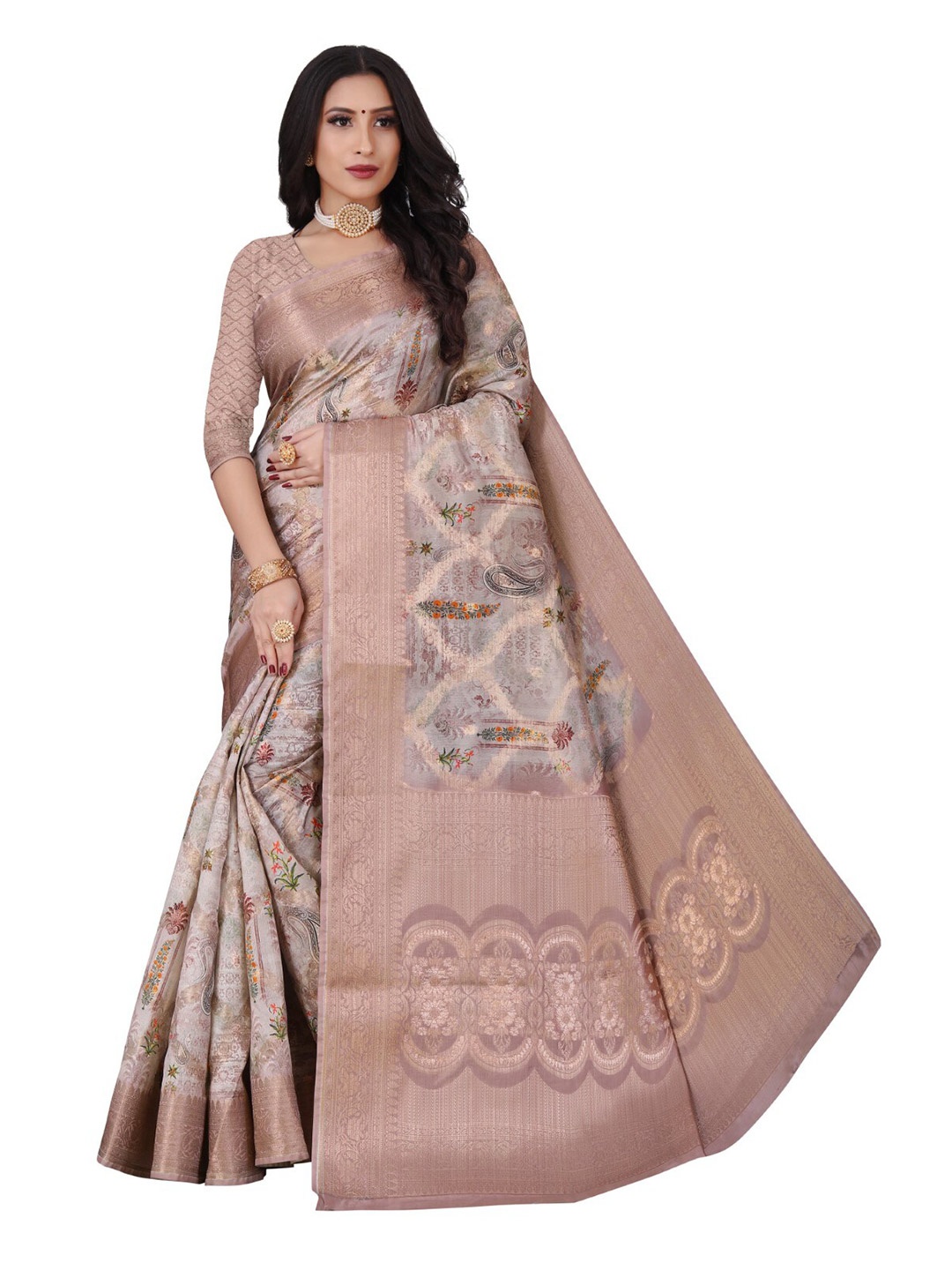 

ROOTS4 CREATION Peach-Coloured & Green Woven Design Zari Organza Saree