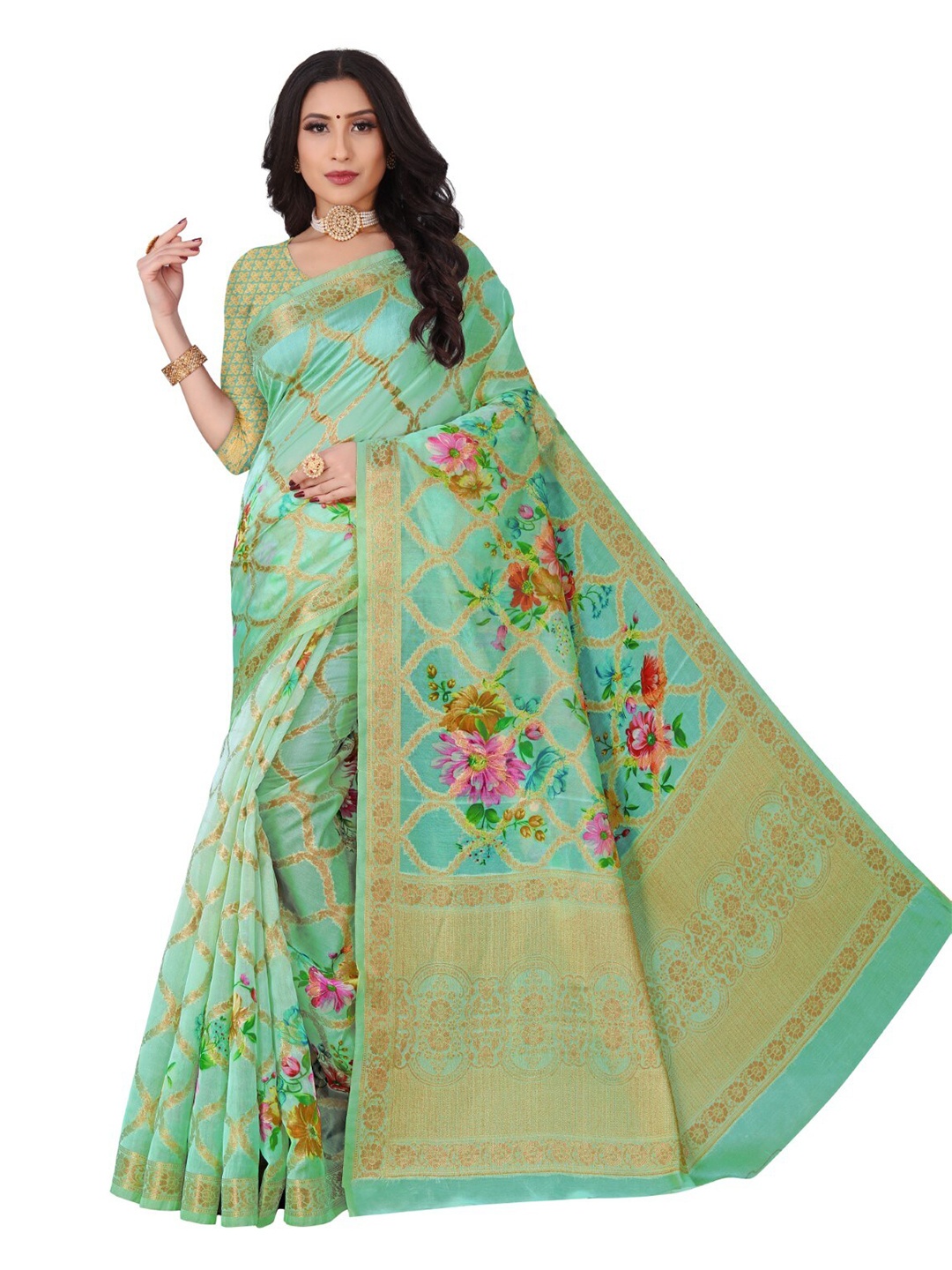 

ROOTS4 CREATION Green & Gold-Toned Woven Design Zari Organza Saree