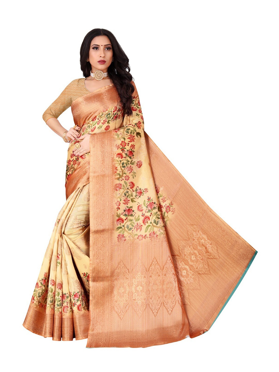 

ROOTS4 CREATION Orange & Red Woven Design Zari Organza Saree