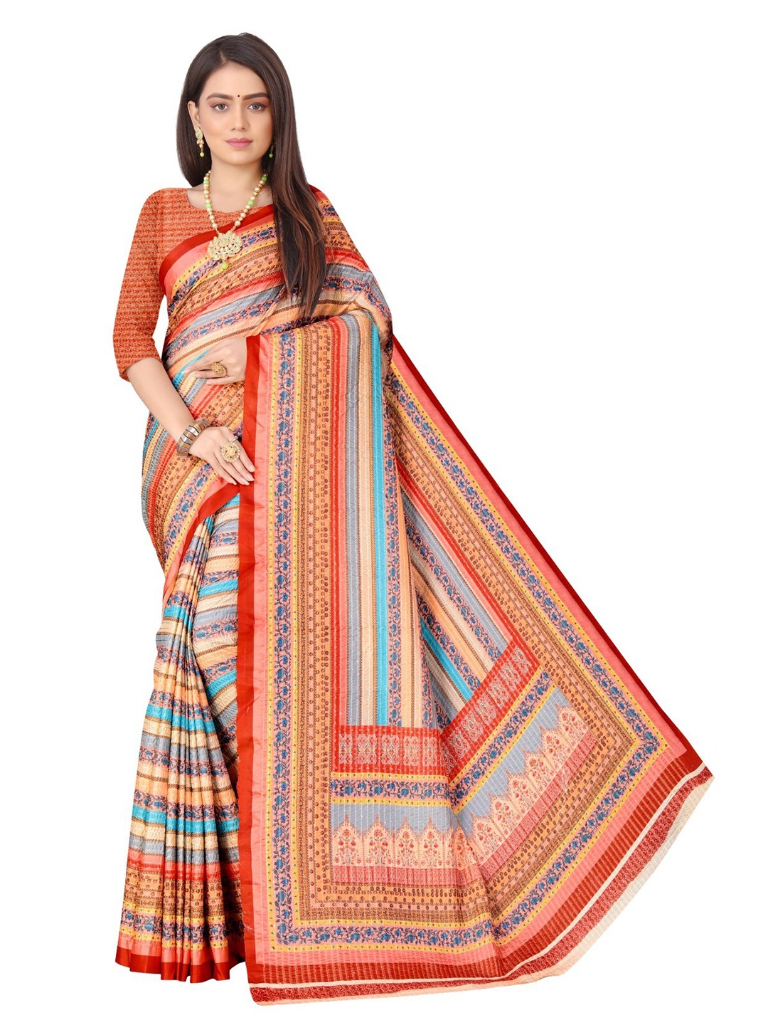 

ROOTS4 CREATION Orange & Blue Striped Silk Blend Saree