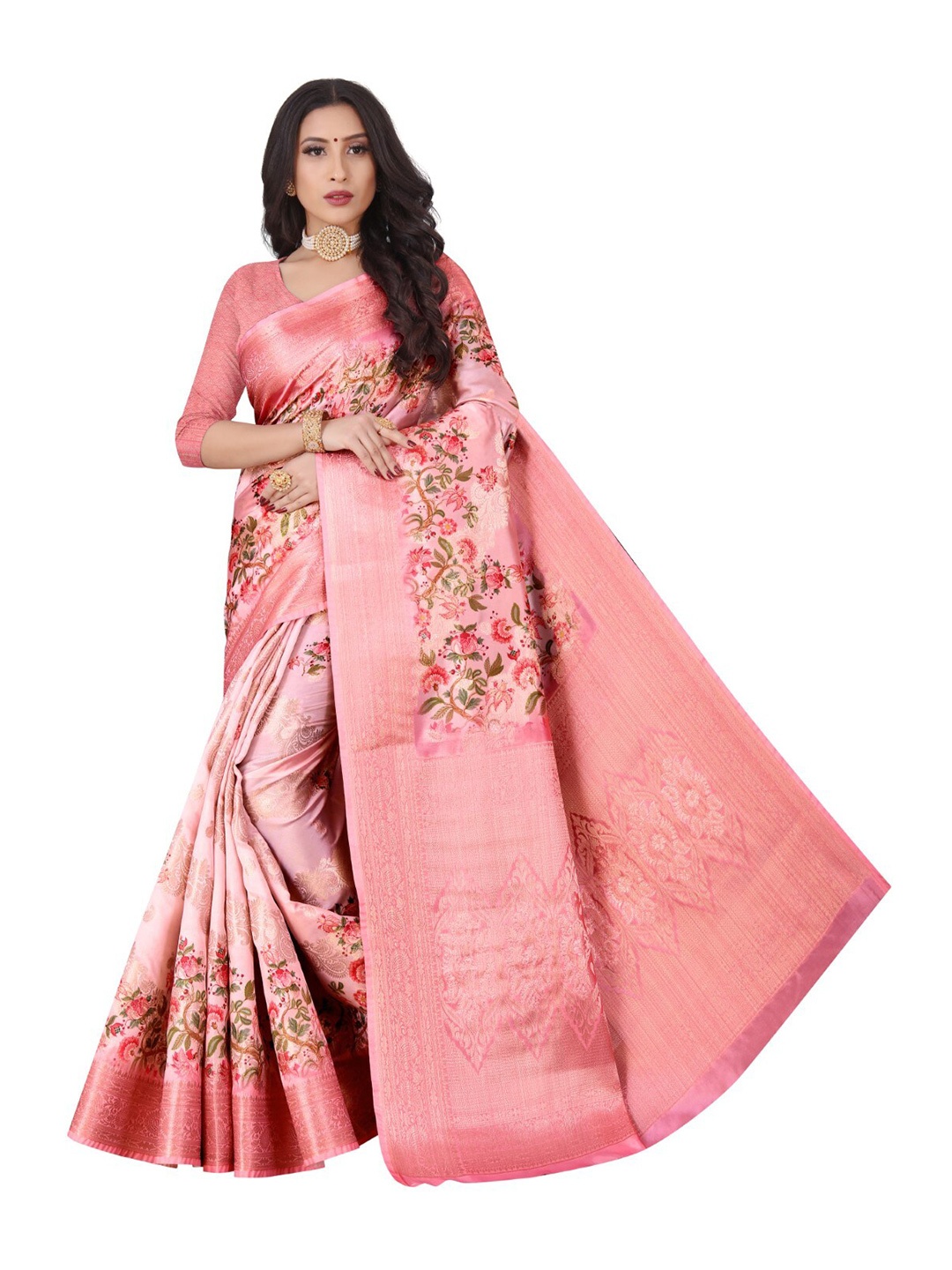 

ROOTS4 CREATION Pink & Green Floral Zari Organza Saree