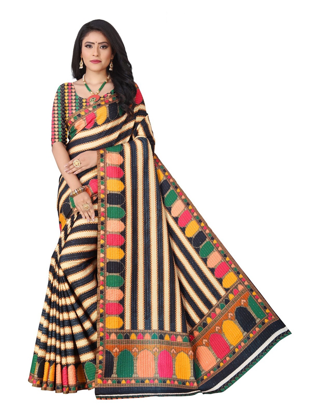 

ROOTS4 CREATION Black & Pink Striped Silk Blend Saree
