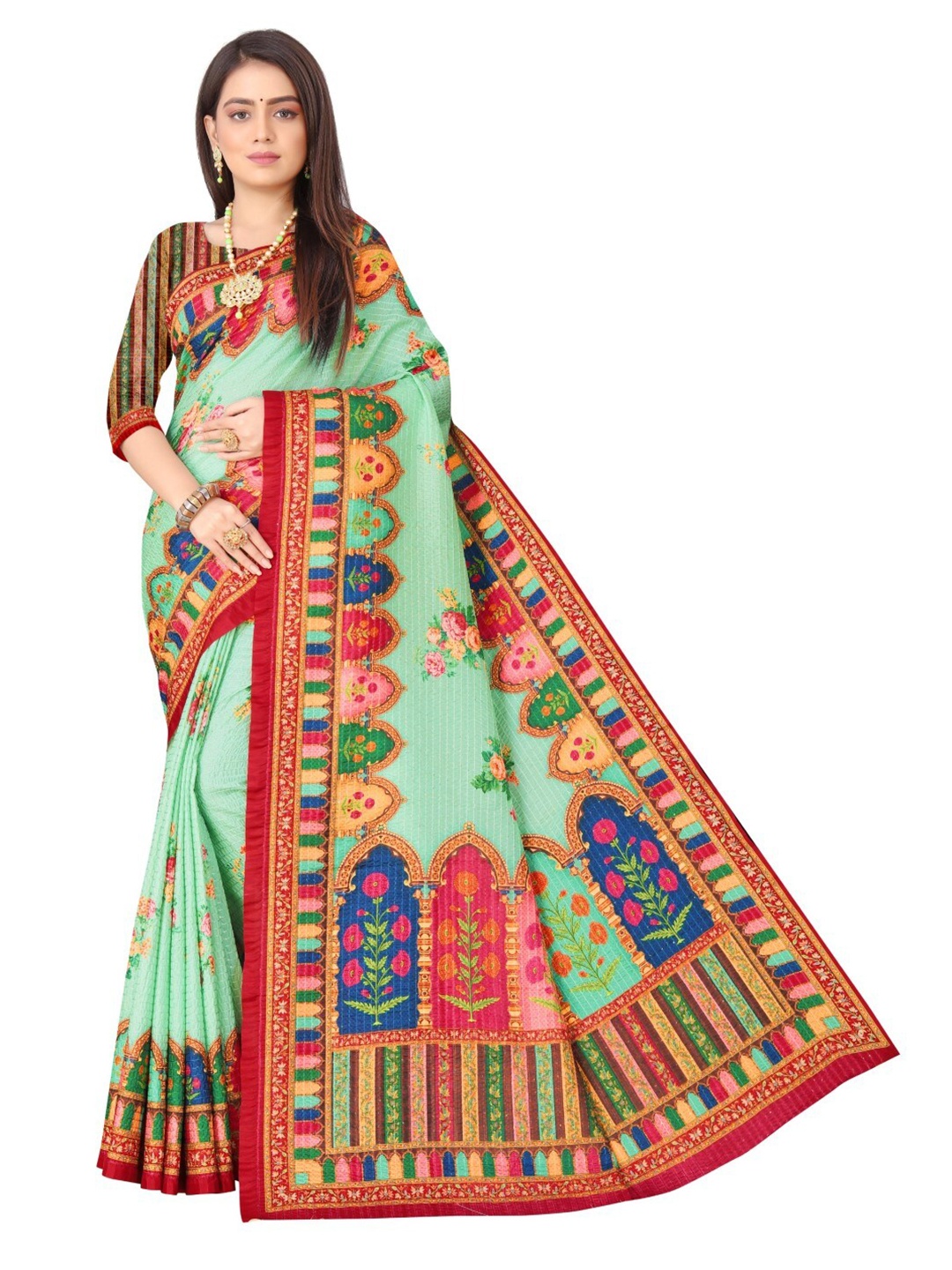 

ROOTS4 CREATION Green & Red Zari Silk Blend Saree